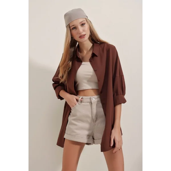 3900 Oversize Uzun Basic Gömlek  Kahverengi