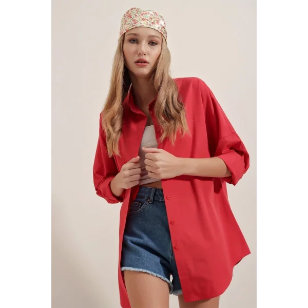3900 Oversize Uzun Basic Gömlek  Kırmızı