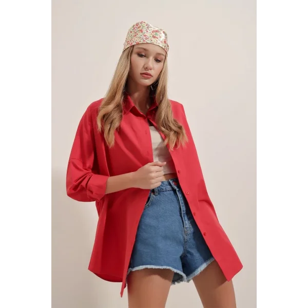 3900 Oversize Uzun Basic Gömlek  Kırmızı