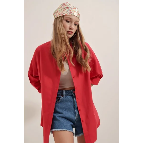 3900 Oversize Uzun Basic Gömlek  Kırmızı