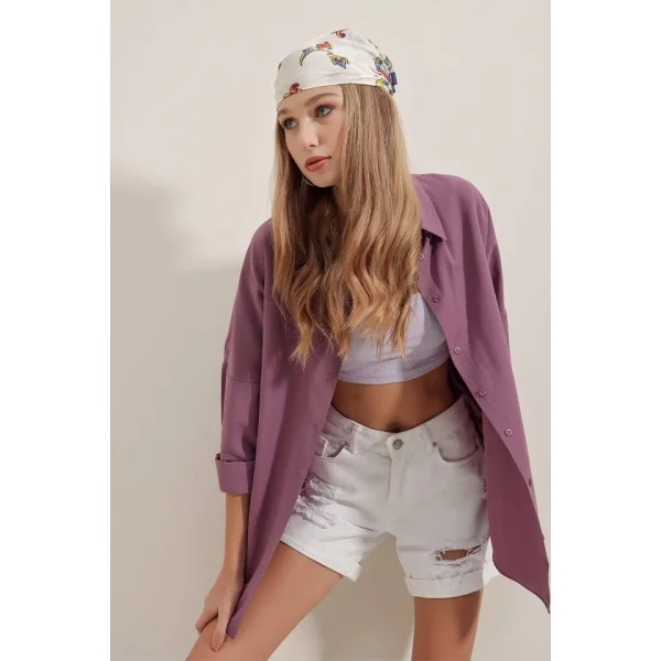 3900 Oversize Uzun Basic Gömlek - Koyu Lila