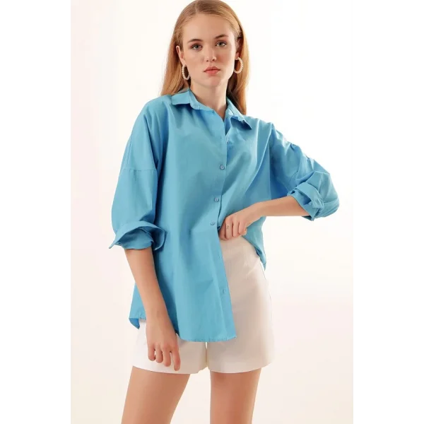 3900 Oversize Uzun Basic Gömlek  Koyu Mavi
