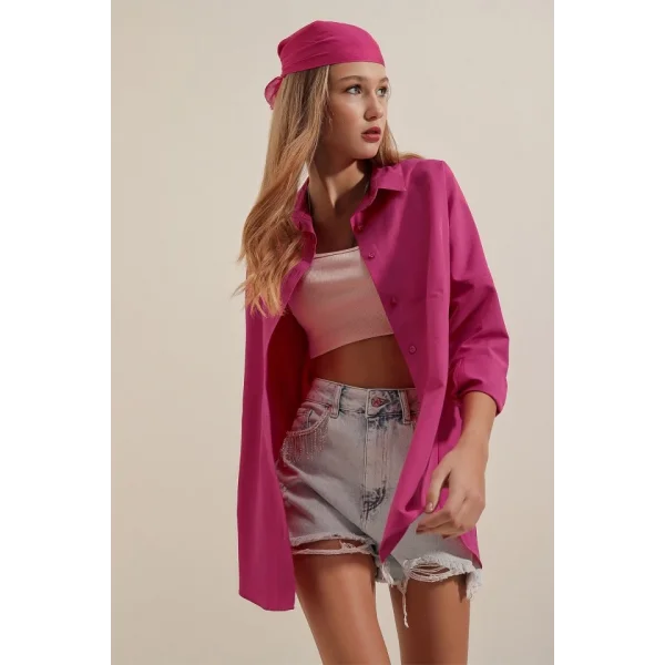 3900 Oversize Uzun Basic Gömlek  Koyu Pembe