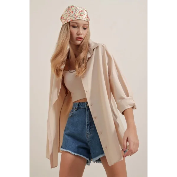 3900 Oversize Uzun Basic Gömlek  Krem