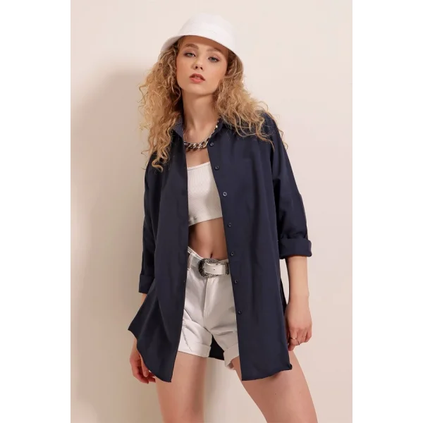3900 Oversize Uzun Basic Gömlek  Lacivert