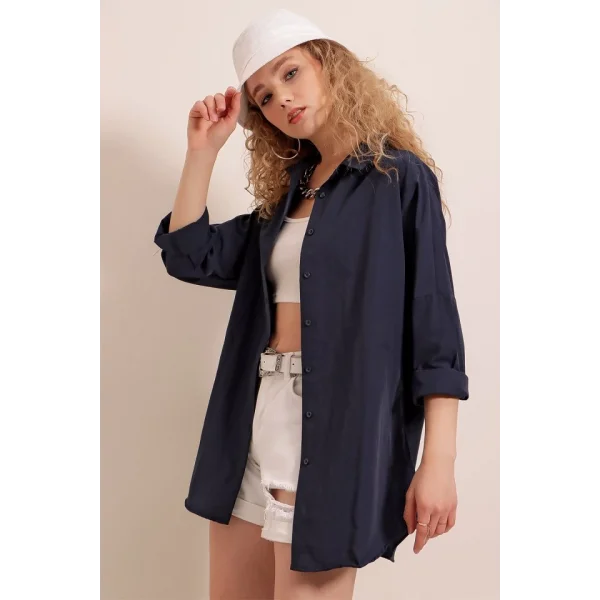 3900 Oversize Uzun Basic Gömlek  Lacivert