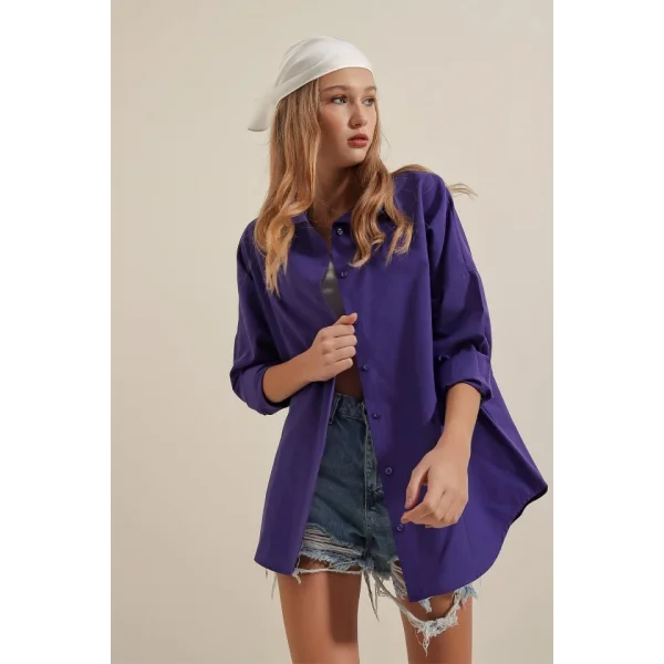 3900 Oversize Uzun Basic Gömlek  Mor