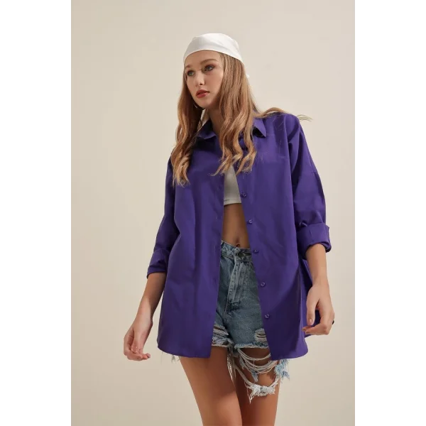 3900 Oversize Uzun Basic Gömlek  Mor