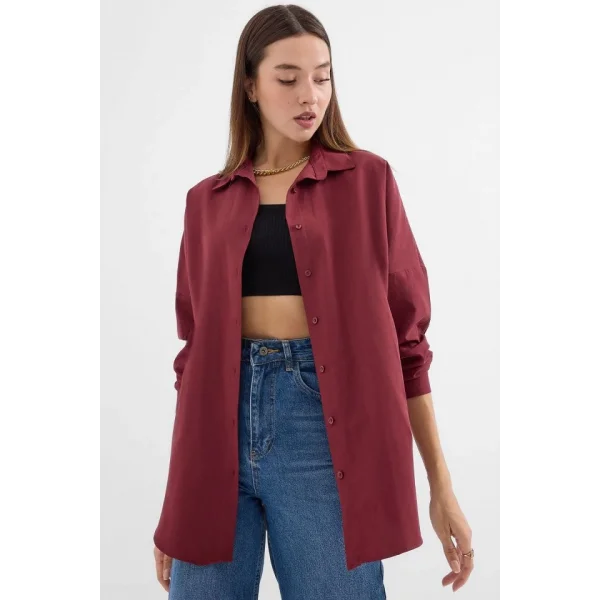 3900 Oversize Uzun Basic Gömlek  Mürdüm
