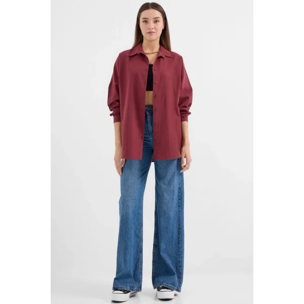 3900 Oversize Uzun Basic Gömlek  Mürdüm