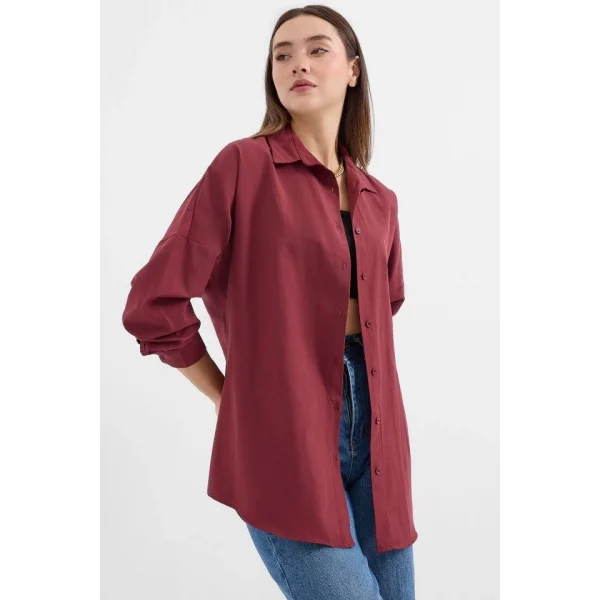 3900 Oversize Uzun Basic Gömlek  Mürdüm