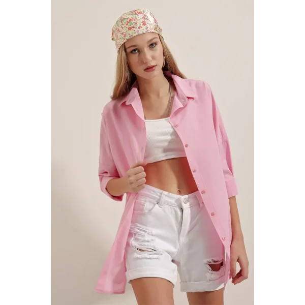 3900 Oversize Uzun Basic Gömlek  Pembe
