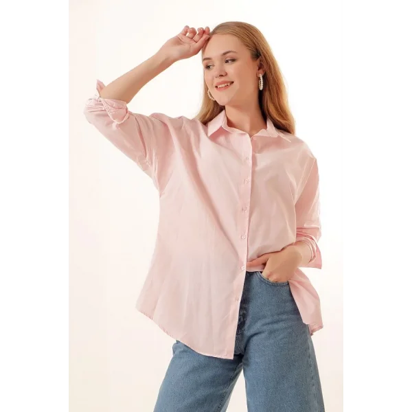 3900 Oversize Uzun Basic Gömlek  Pudra
