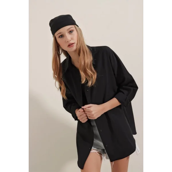 3900 Oversize Uzun Basic Gömlek  Siyah