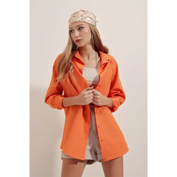 3900 Oversize Uzun Basic Gömlek  Turuncu