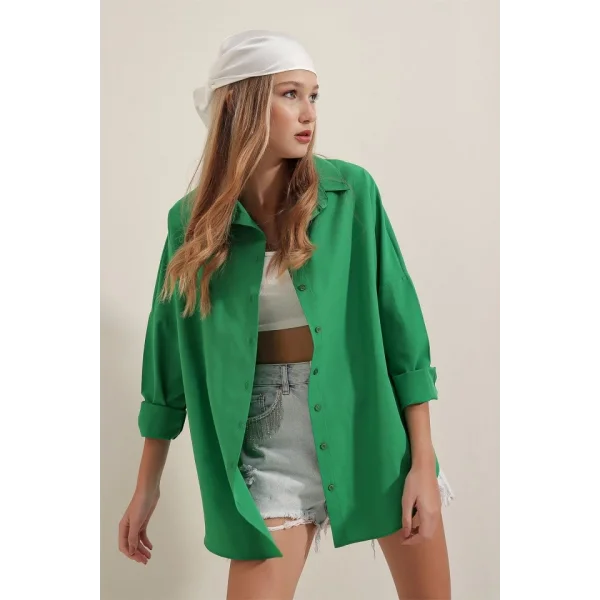 3900 Oversize Uzun Basic Gömlek  Yeşil