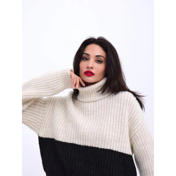 3904 TRİKO BALIKÇI ÇİZGİLİ KAZAK-KREM-SİYAH