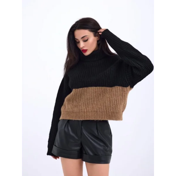 3904 TRİKO BALIKÇI ÇİZGİLİ KAZAK-SİYAH-VİZON