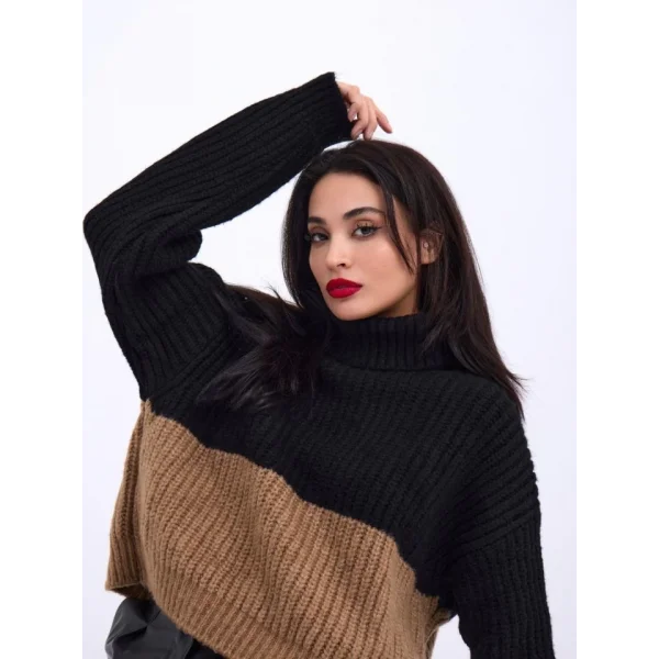 3904 TRİKO BALIKÇI ÇİZGİLİ KAZAK-SİYAH-VİZON