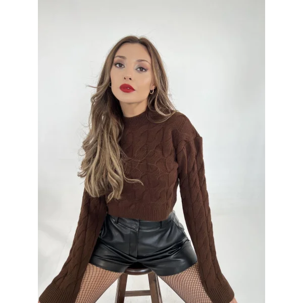 3924 TRİKO SAÇ ÖRGÜ KAZAK-KAHVE