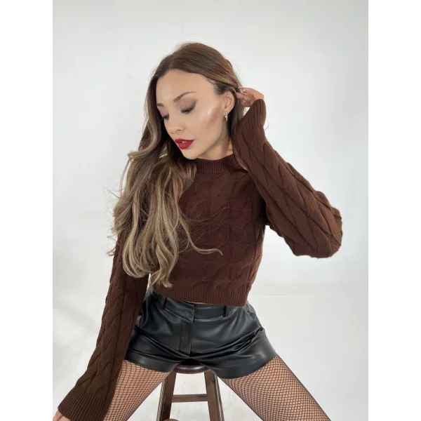 3924 TRİKO SAÇ ÖRGÜ KAZAK-KAHVE