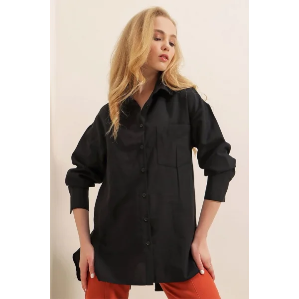 3952 Arkası Düğmeli Boyfriend Gömlek  Siyah