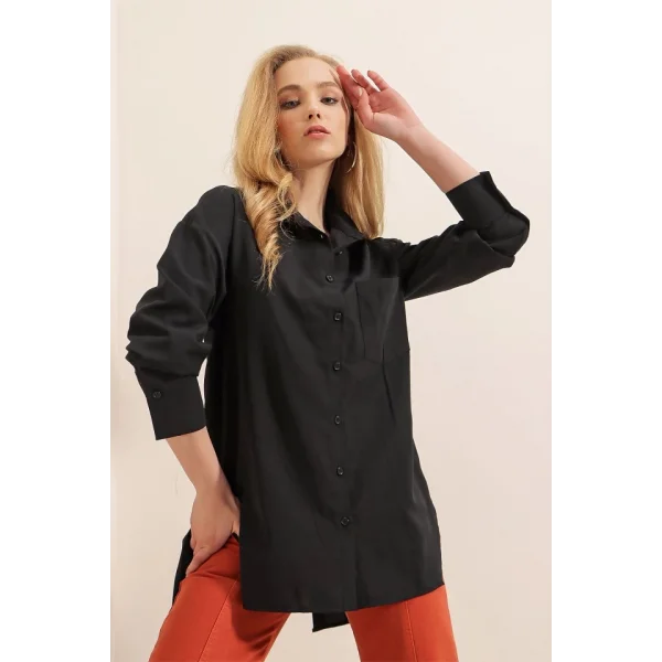 3952 Arkası Düğmeli Boyfriend Gömlek  Siyah