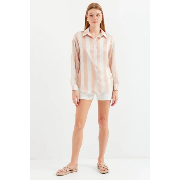 3964 Hafif Dökümlü Çizgili Saten Gömlek  Bisküvi