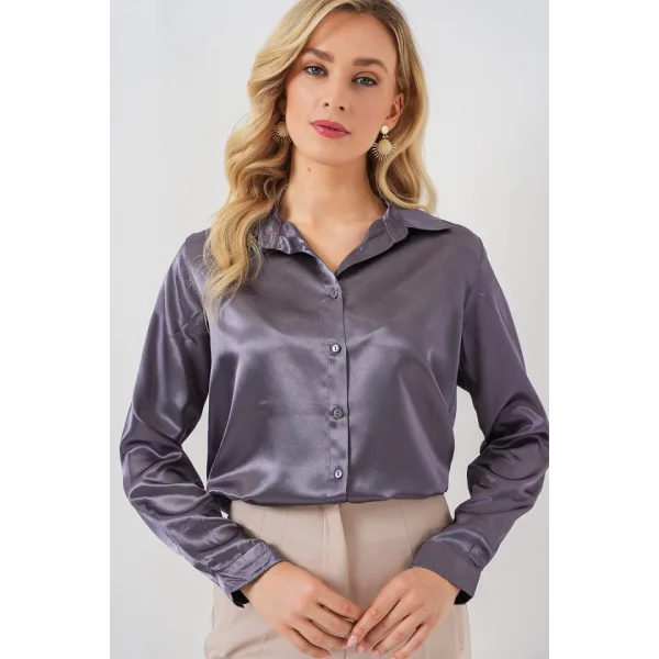 3964 Hafif Dökümlü Saten Gömlek - Antrasit