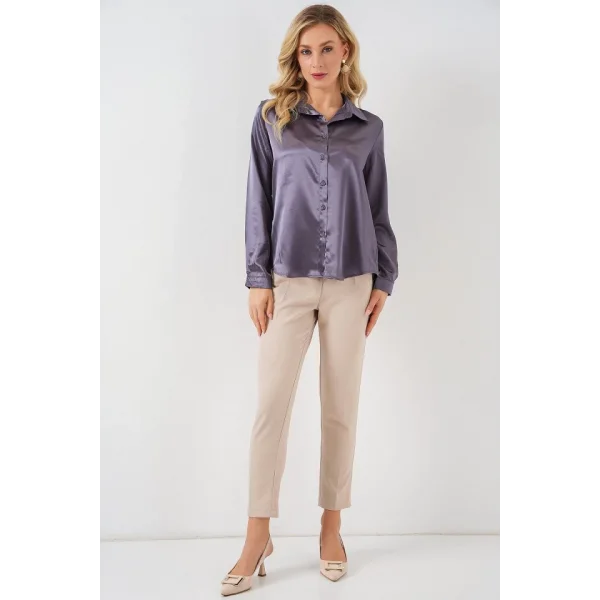 3964 Hafif Dökümlü Saten Gömlek - Antrasit