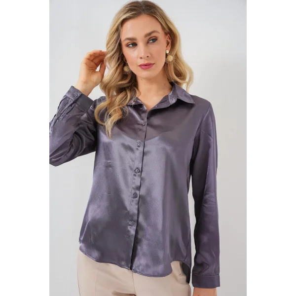 3964 Hafif Dökümlü Saten Gömlek - Antrasit