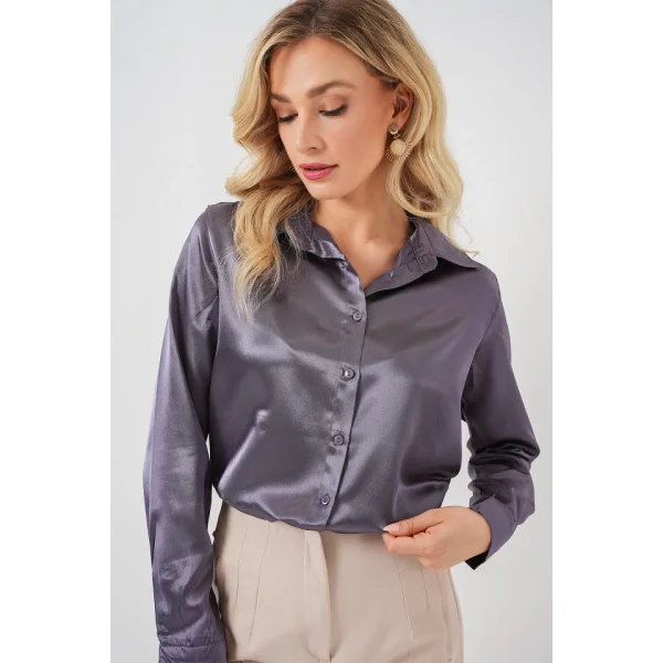 3964 Hafif Dökümlü Saten Gömlek - Antrasit