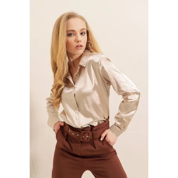 3964 Hafif Dökümlü Saten Gömlek  Bej