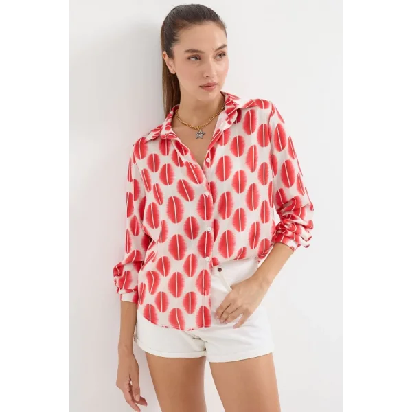 3964 Hafif Dökümlü Saten Gömlek  B.Kırmızı