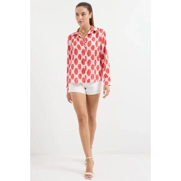 3964 Hafif Dökümlü Saten Gömlek  B.Kırmızı