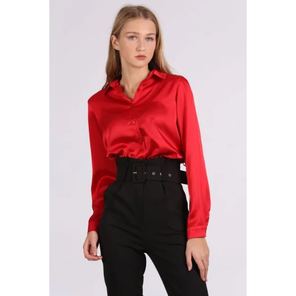 3964 Hafif Dökümlü Saten Gömlek  Bordo