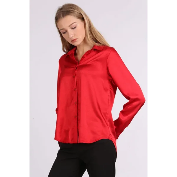 3964 Hafif Dökümlü Saten Gömlek  Bordo