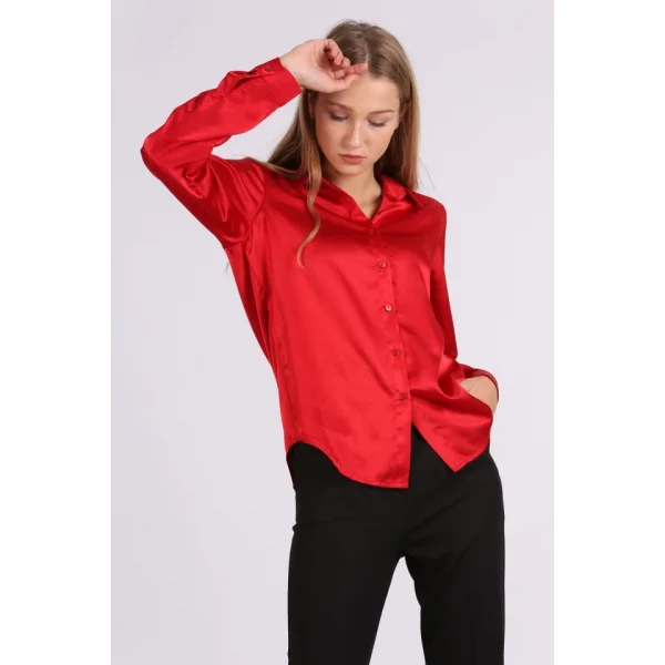 3964 Hafif Dökümlü Saten Gömlek  Bordo