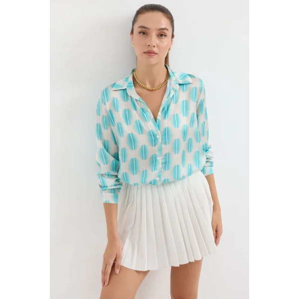 3964 Hafif Dökümlü Saten Gömlek  B.Turkuaz