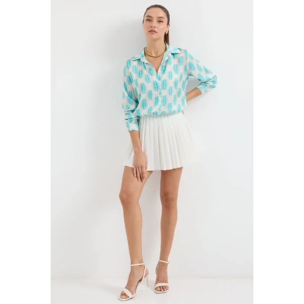 3964 Hafif Dökümlü Saten Gömlek  B.Turkuaz