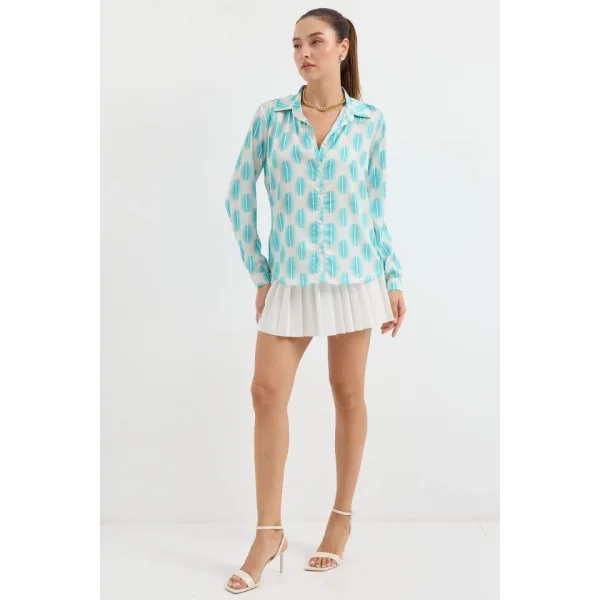 3964 Hafif Dökümlü Saten Gömlek  B.Turkuaz