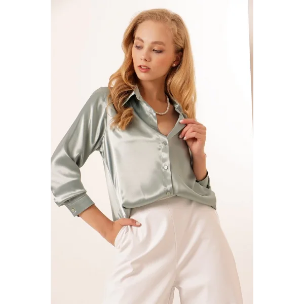 3964 Hafif Dökümlü Saten Gömlek  Çağla