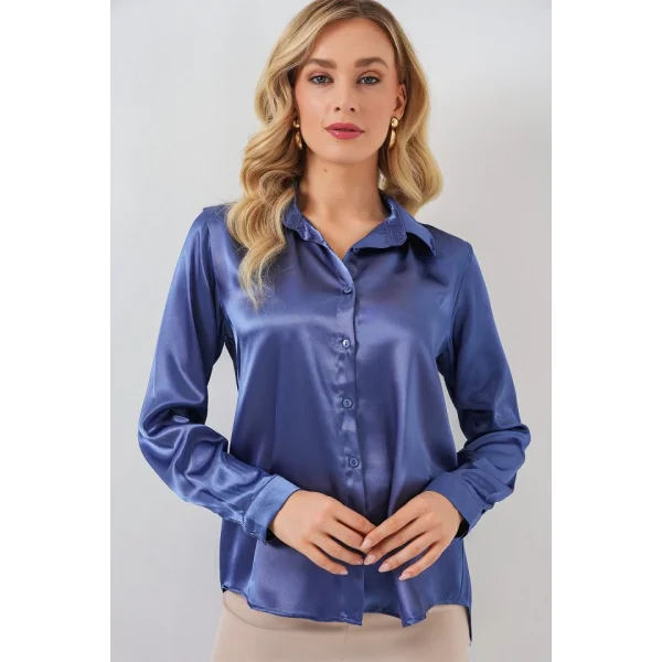 3964 Hafif Dökümlü Saten Gömlek - C.Lacivert