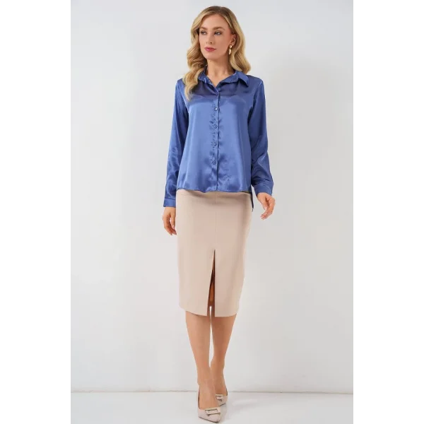 3964 Hafif Dökümlü Saten Gömlek - C.Lacivert