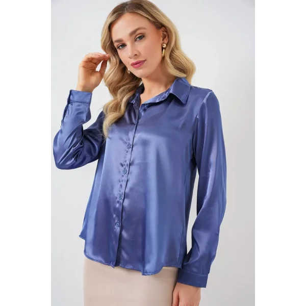 3964 Hafif Dökümlü Saten Gömlek - C.Lacivert