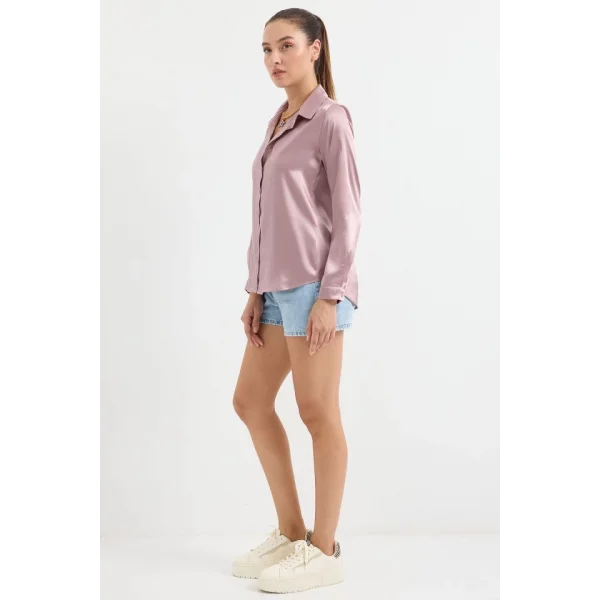 3964 Hafif Dökümlü Saten Gömlek - D.Gül Kurusu