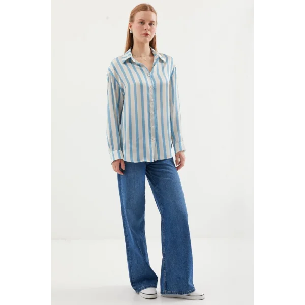 3964 Hafif Dökümlü Saten Gömlek  E. Mavi