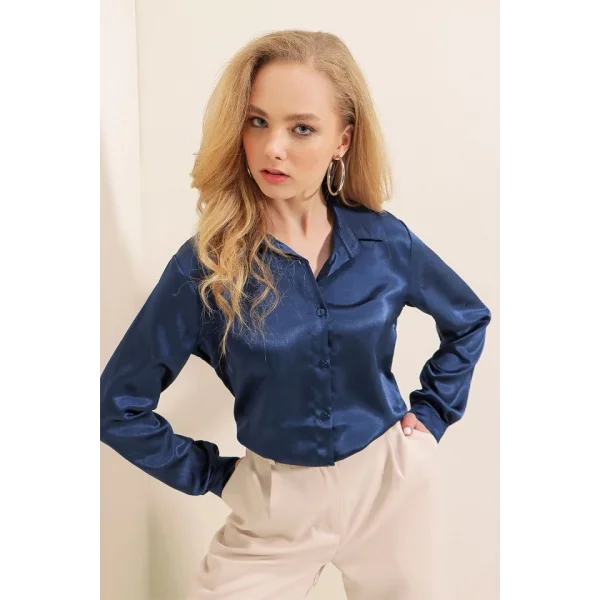 3964 Hafif Dökümlü Saten Gömlek  Lacivert