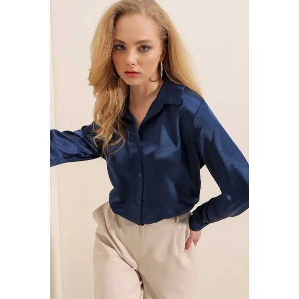 3964 Hafif Dökümlü Saten Gömlek  Lacivert