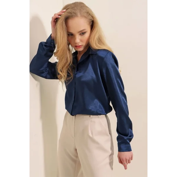 3964 Hafif Dökümlü Saten Gömlek  Lacivert